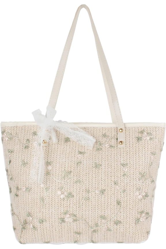 Large Straw Tote Bag Lace Beach Shoulder Hand Bags with Zipper for Women