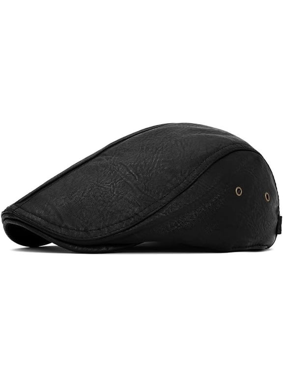 Men Faux Leather Duckbill Newsboy Flat Hat Adjustable Cabbie Ivy Cap