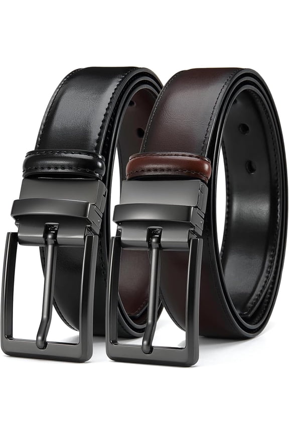 Men's Belt Reversible Leather 1.25", Two-In-One Classic Dress Black Belt, Adjustable