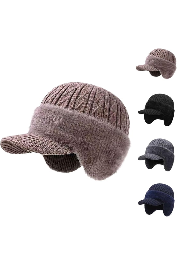 Men's Thermal Knit Hat with Ear Flaps, Wool Blend Lined Beanie for Skiing Outdoor, Cold Weather Black Universal Fit