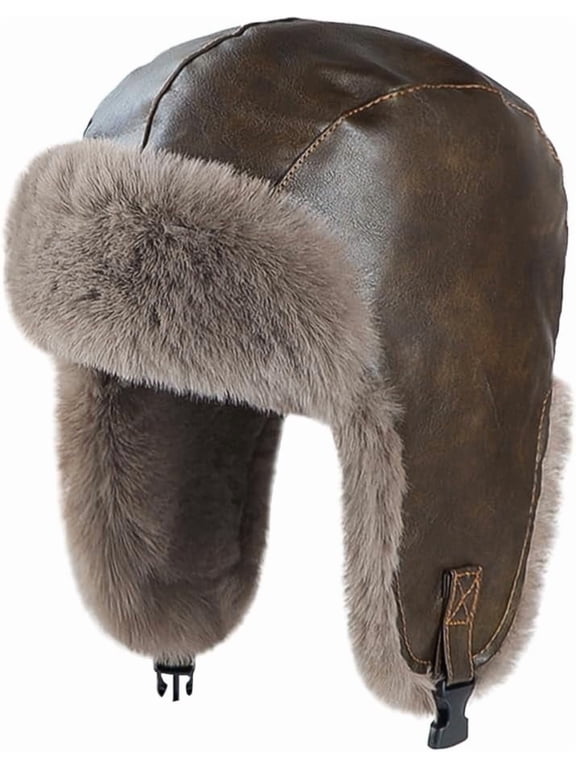 Mens Faux Fur Ushanka Trapper Hat Russian Cossack Faux Leather Winter Trooper Hat with Ear Flaps Furry Ski Hunter Cap Women