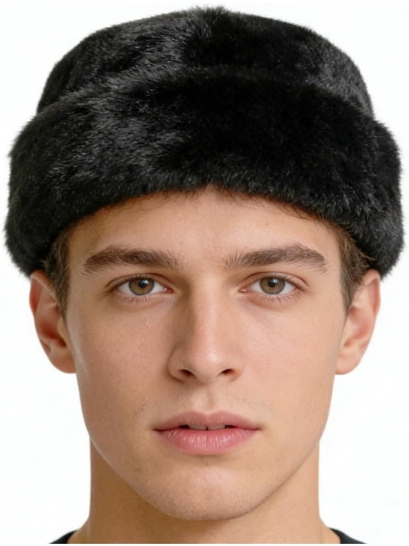 Mens Winter Trapper Hat Faux Mink Fur Russian Ushanka Cossack Style Trooper Hat Warm Dad Cap Outdoor Hunting Snow Skiing Cap Black
