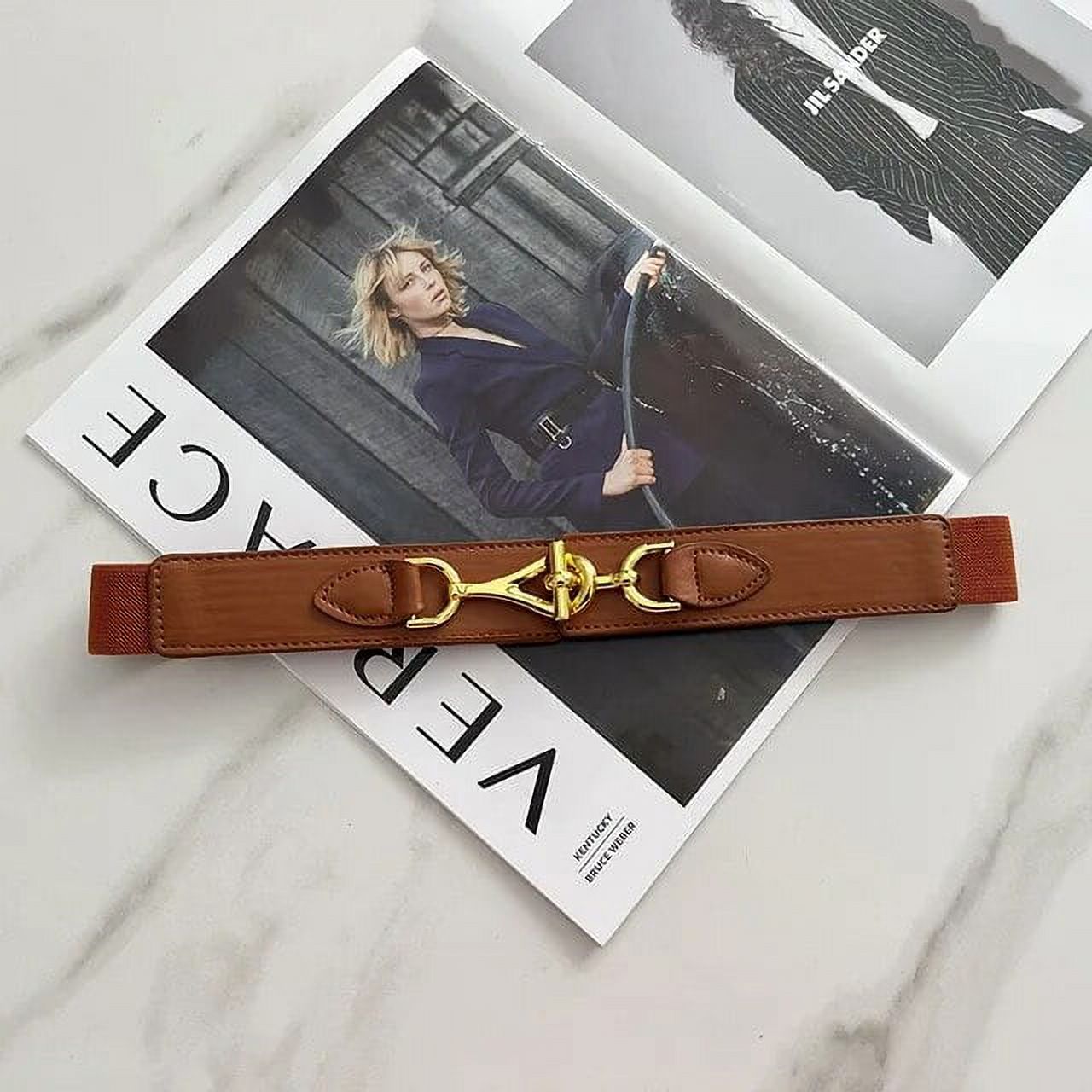 New Elastic Women Belt Gold Color Metal Buckle PU Leather