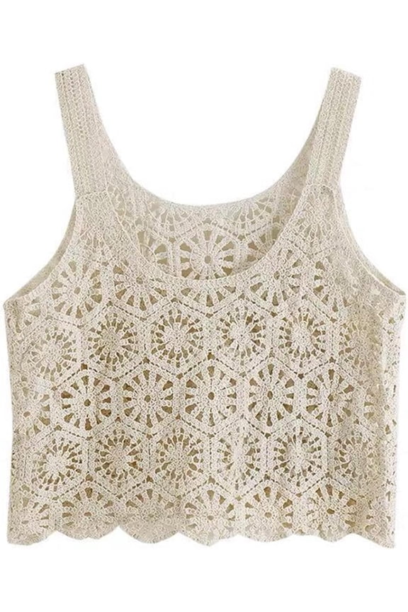 (One Size/Suitable for Height 155-160)Women Crochet Cropped Tank Tops, Boho Hollow Out Floral Pattern Camisole Sleeveless Cover Up Vest Shirts Apricot