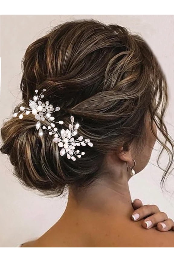 Pearl Bride Wedding Hair Pins Silver Crystal Bridal Hair Accessories Leaf Hair Pieces for Women and Girls (Pack of 2)