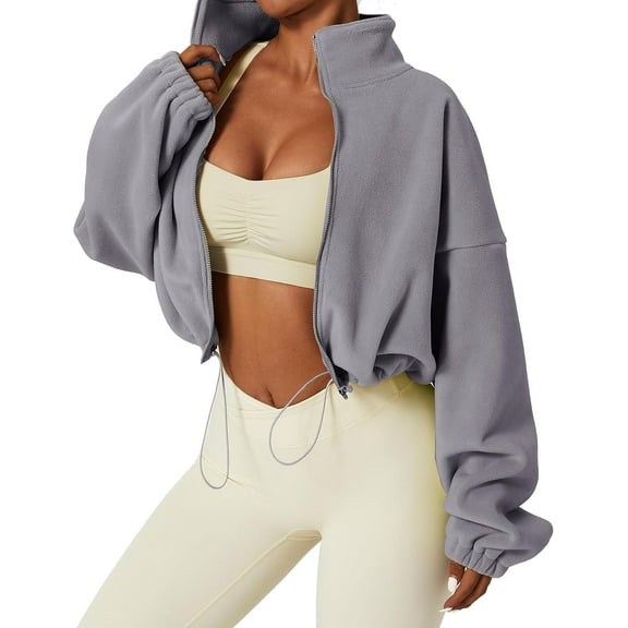 CoCoMangos Polar Fleece Jackets for Women Full Zip Oversized Sherpa Crop Coat Lightweight Stand Collar Drawstring Sweatshirts
