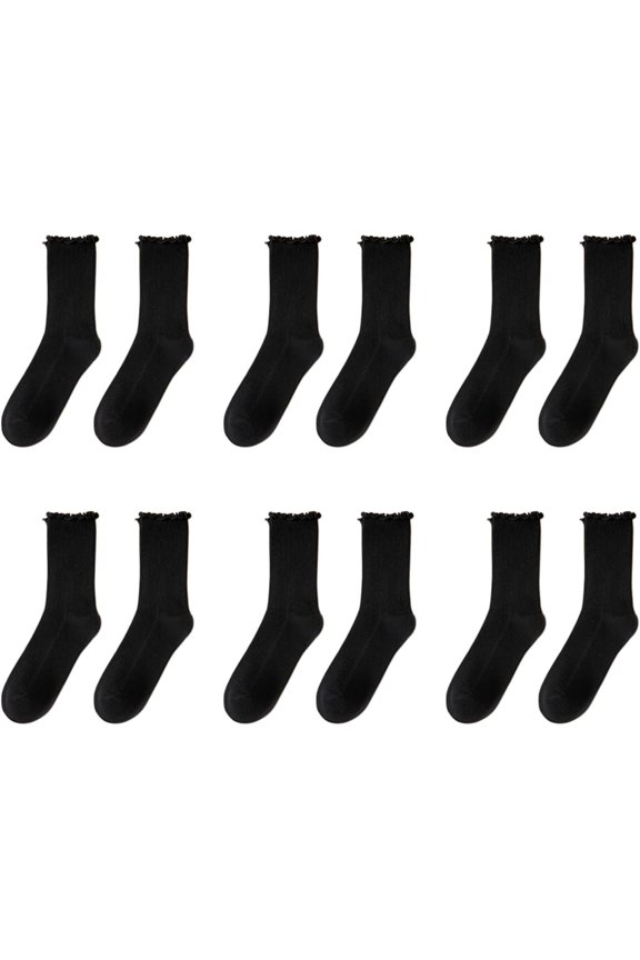 Polyester-cotton Crew Socks with Ruffle Cuff, Mid-Calf, Anti-Pilling, Soft and Absorbent, 6 Pairs