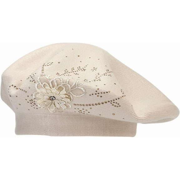 CoCoMangos Rhinestone Beret Hats for Women Wool Flower French Beret Winter Hat Artist Beanie Cap