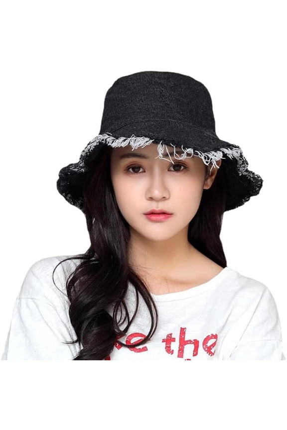 Ripped Frayed Brim Bucket Hats Distressed Washed Jean Fisherman Cap Packable Outdoor Travel Beach Sun Hats for Men Women