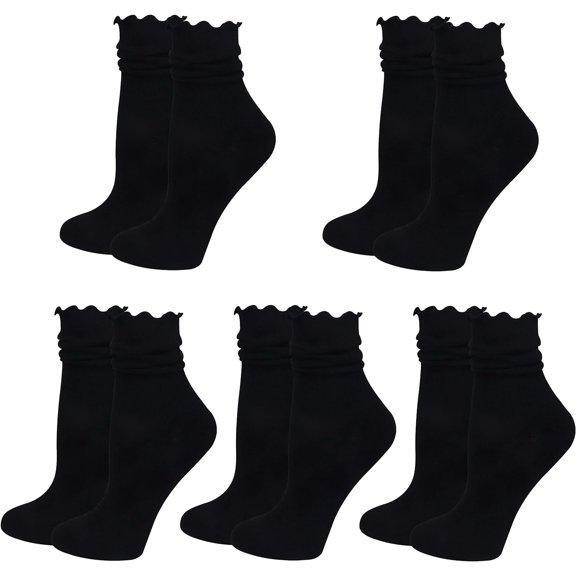CoCoMangos Ruffle Slouch Socks for Women, Cute Cotton Crew Socks, Frilly Novelty Knit Socks 5 Pairs
