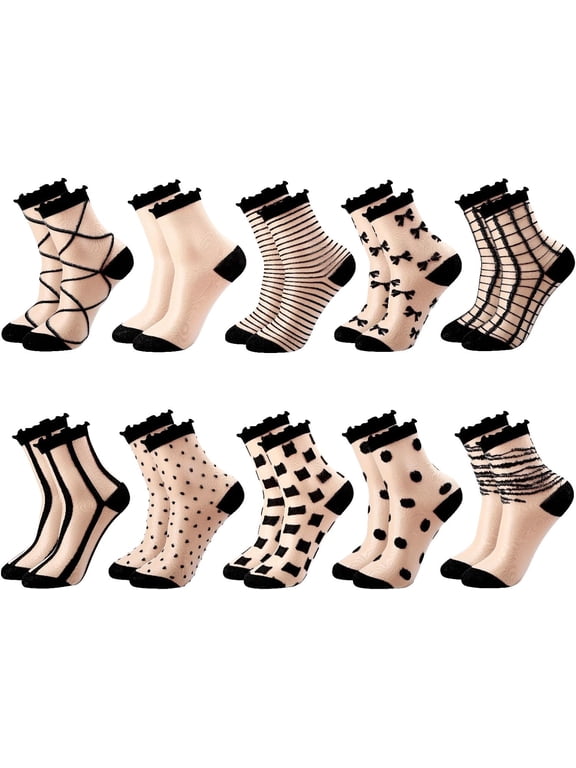 Sheer See Through Socks for Women - Striped Plaid Mesh | Polka Dot & Bow Design Transparent Soft Breathable Fashion Stockings, Lightweight Lace Socks