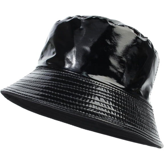 CoCoMangos Shiny PU Leather Bucket Hats for Women Trendy Solid Color Metallic Caps Outdoor Windproof Hiking Fisherman Caps