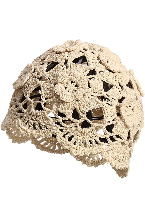 Soft Crochet Beanie Hat for Women Ladies Girls Solid Color Beige Knitted Cutout Slouchy Skull Cap