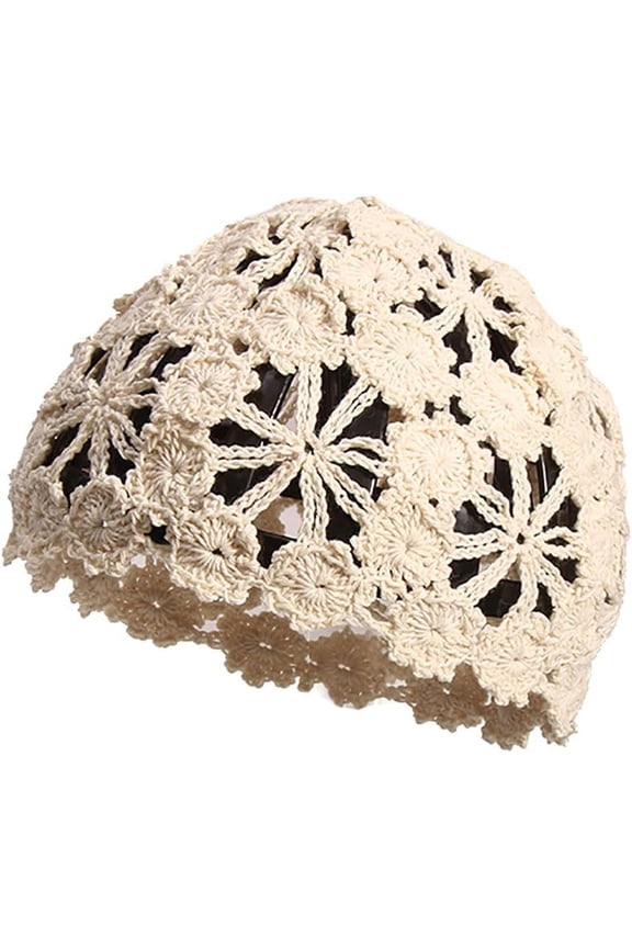 Soft Crochet Beanie Hat for Women Ladies Girls Solid Color Beige Knitted Cutout Slouchy Skull Cap