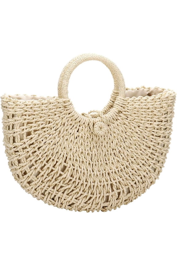 Straw Bags for Women,Hand-woven Straw Top-handle Bag with Round Ring Handle Summer Beach Rattan Tote Handbag