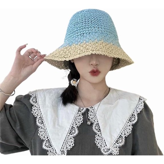 CoCoMangos Straw Beach Straw Sun Hat Women Summer Crochet Colorful Rainbow Striped Bucket Hat Knit Woven Contrast Gradient Floppy Cap