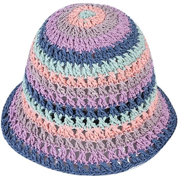 CoCoMangos Straw Beach Straw Sun Hat Women Summer Crochet Colorful Rainbow Striped Bucket Hat Knit Woven Contrast Gradient Floppy Cap