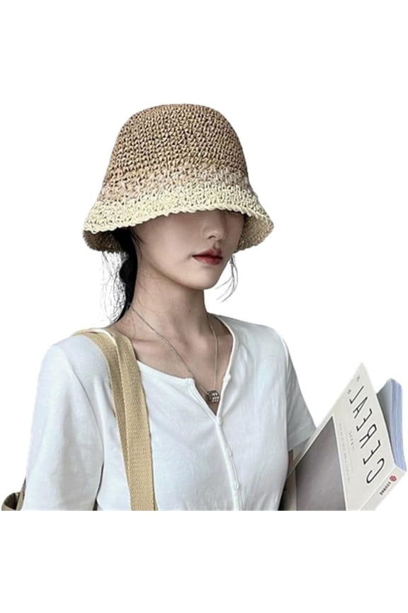 Straw Beach Straw Sun Hat Women Summer Crochet Colorful Rainbow Striped Bucket Hat Knit Woven Contrast Gradient Floppy Cap