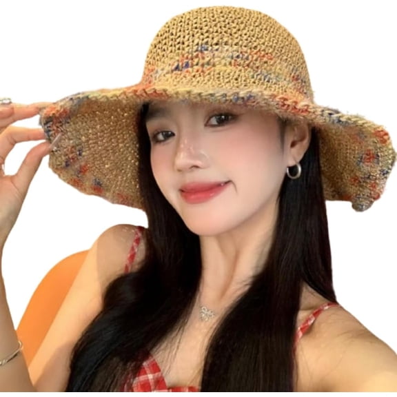 CoCoMangos Straw Hats for Women Wide Brim Ruffle Brim Floppy Sun Hat Foldable Packable Wide Brim Summer Beach Hat Crochet Bucket Hat
