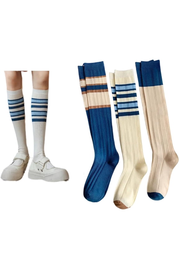 Striped Knee High Socks for Women Teen Girls Blue And White Long Tube Sock Stripes Hip-Hop Style