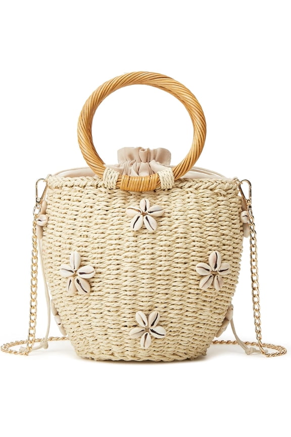 Summer Straw Bag for Women Pearl Flower Bucket Tote Bag Diamond Handbag Hand Woven Rattan Shell Purse Drawstring