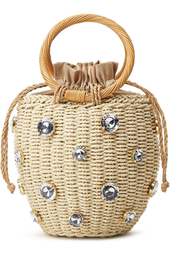 Summer Straw Bag for Women Pearl Flower Bucket Tote Bag Diamond Handbag Hand Woven Rattan Shell Purse Drawstring