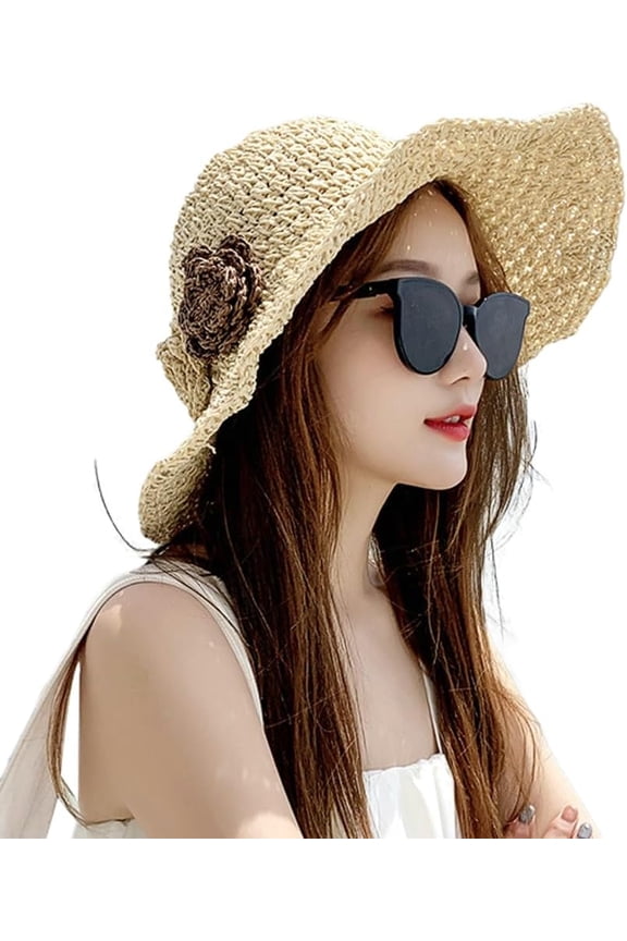 Sun Hats for Women Summer Beach Floral Sun Hat Wide Brim Foldable Crochet Straw Hat UV Protection Travel Bucket Hat