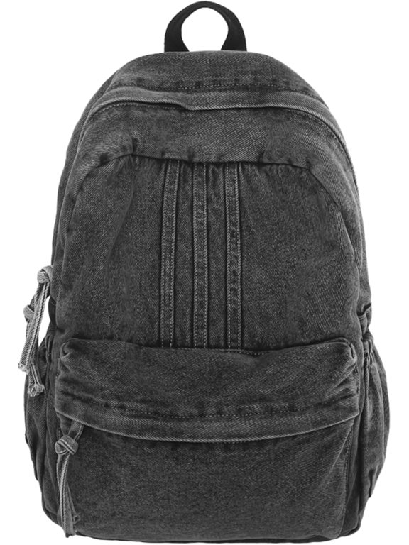 Vintage Distressed Denim Backpack for Women & Men, Y2K Preppy Aesthetic Casual Daypack, Lightweight Retro Travel Rucksack (【Black】)