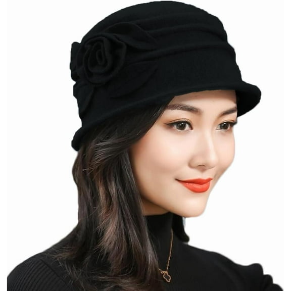 CoCoMangos Vintage Floral Wool Dress Cloche Hats for Women 1920s Flower Accent Solid Winter Hat Church Party Fedora Bucket Hat