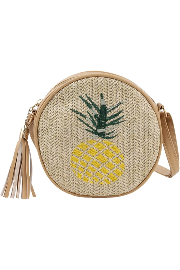 Vintage Straw Purse Handwoven Round Straw Crossbody Bag Embroidery Tassel Shoulder Bag
