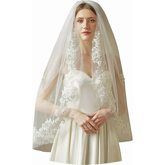 CoCoMangos Wely 2 T Fingertip Length Glitter Tulle Lace Pearl Wedding Bridal Veil F37