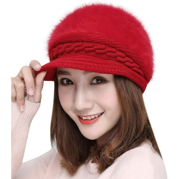 CoCoMangos Winter Knit Hats with Visor for Women Warm Knitted Slouchy Wool Hats Thick Newsboy Beanie Hat Brim Cap