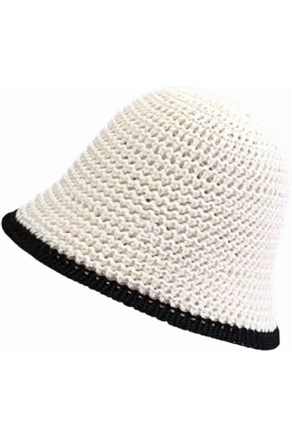 Women Crochet Knit Bucket Hat Woven Beach Sun Hat Floppy Solid Travel Bucket Hat Summer Spring Foldable Contrast Brim