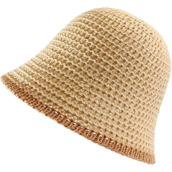CoCoMangos Women Crochet Knit Bucket Hat Woven Beach Sun Hat Floppy Solid Travel Bucket Hat Summer Spring Foldable Contrast Brim