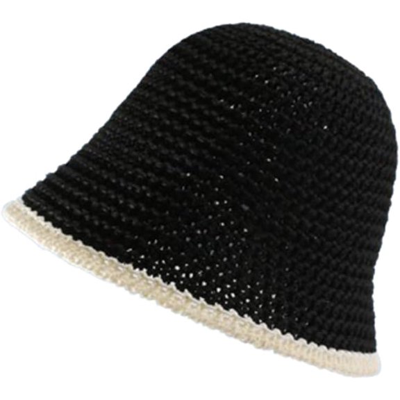 CoCoMangos Women Crochet Knit Bucket Hat Woven Beach Sun Hat Floppy Solid Travel Bucket Hat Summer Spring Foldable Contrast Brim