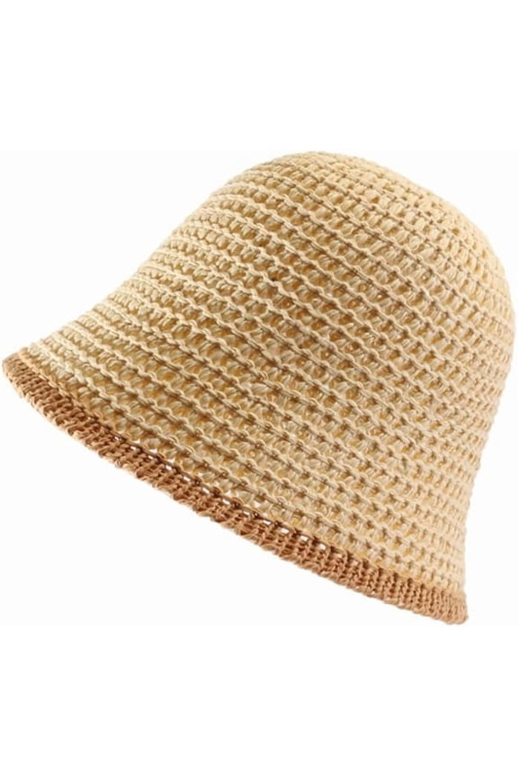 Women Crochet Knit Bucket Hat Woven Beach Sun Hat Floppy Solid Travel Bucket Hat Summer Spring Foldable Contrast Brim