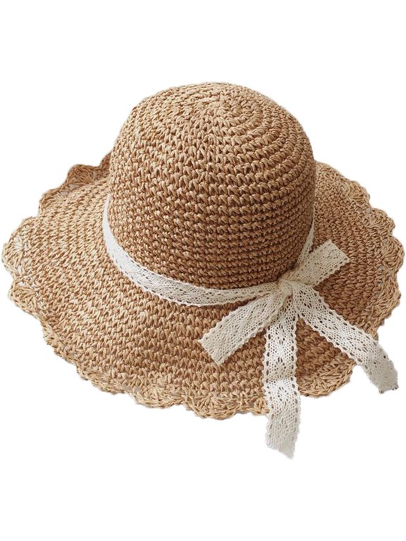 Women Girls Bowknot Straw Hats Sun Protection Roll Up Floppy Sun Hat Parent-Child Holiday Travel Beach Cap Topee