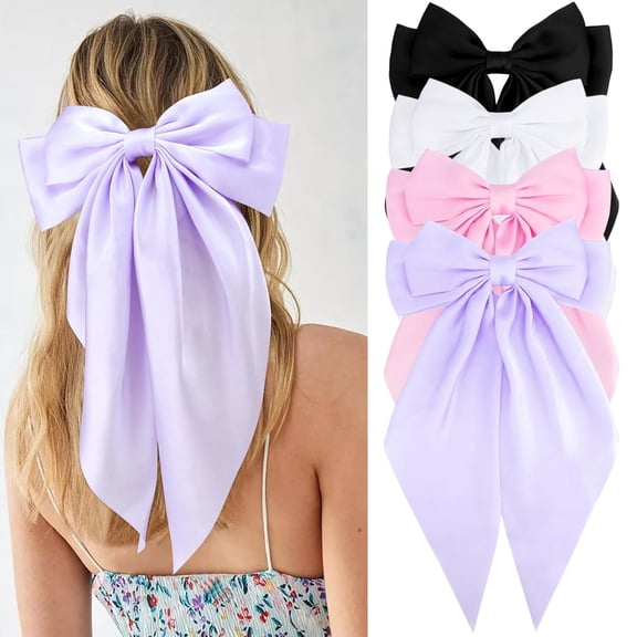 CoCoMangos Women Girls Hair Accessories Gifts - Khaki Satin Coquette Bow, White Silky Bow, Brown Oversized Hair Clip Ribbons, Black Long Tail Barrettes (4Pcs)
