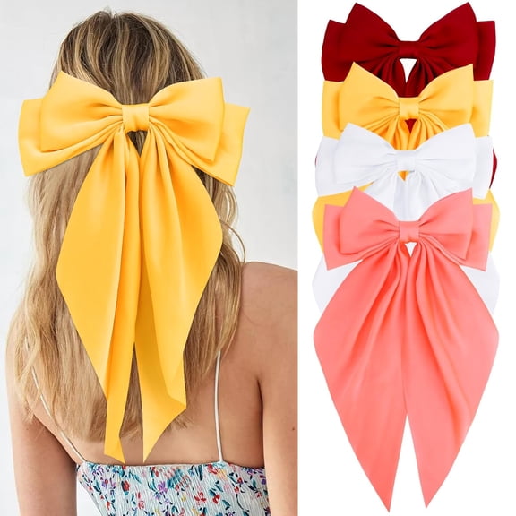 CoCoMangos Women Girls Hair Accessories Gifts - Khaki Satin Coquette Bow, White Silky Bow, Brown Oversized Hair Clip Ribbons, Black Long Tail Barrettes (4Pcs)