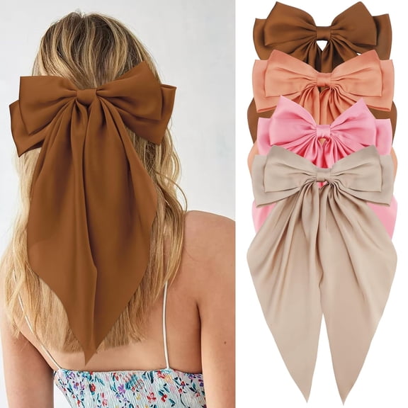 CoCoMangos Women Girls Hair Accessories Gifts - Khaki Satin Coquette Bow, White Silky Bow, Brown Oversized Hair Clip Ribbons, Black Long Tail Barrettes (4Pcs)
