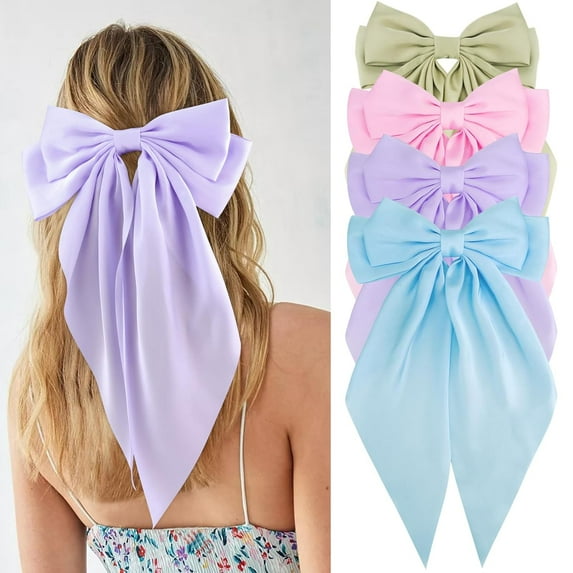 CoCoMangos Women Girls Hair Accessories Gifts - Khaki Satin Coquette Bow, White Silky Bow, Brown Oversized Hair Clip Ribbons, Black Long Tail Barrettes (4Pcs)