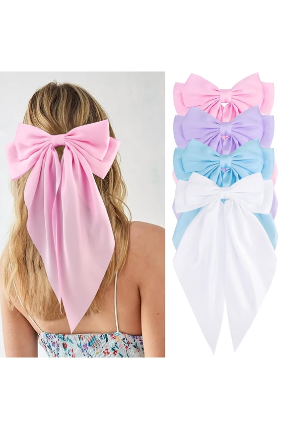 Women Girls Hair Accessories Gifts - Khaki Satin Coquette Bow, White Silky Bow, Brown Oversized Hair Clip Ribbons, Black Long Tail Barrettes (4Pcs)