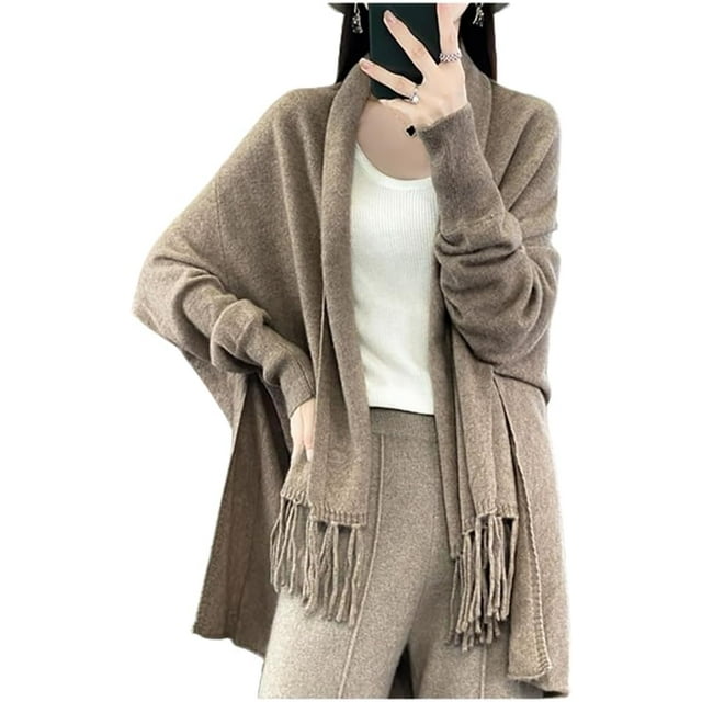 CoCoMangos Women Knit Pashmina Shawl Wrap Open Front Batwing Long Sleeve Cardigan Sweaters with Tassel Winter Warm Chunky Cape
