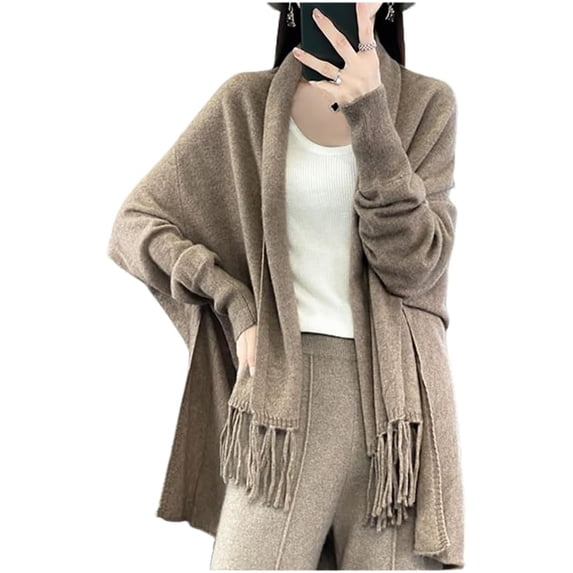 CoCoMangos Women Knit Pashmina Shawl Wrap Open Front Batwing Long Sleeve Cardigan Sweaters with Tassel Winter Warm Chunky Cape