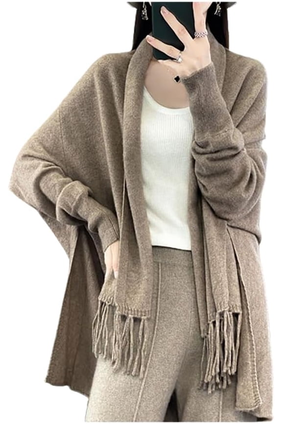 Women Knit Pashmina Shawl Wrap Open Front Batwing Long Sleeve Cardigan Sweaters with Tassel Winter Warm Chunky Cape