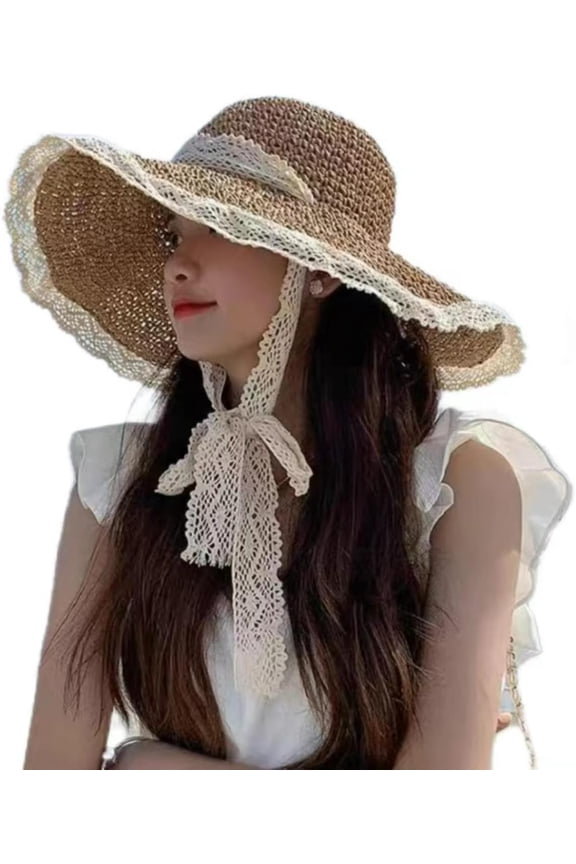 Women Sun Hat Wide Brim Straw Hat with Lace Ribbon Packable Floppy Summer Beach Cap Elegant Cottagecore Accessories