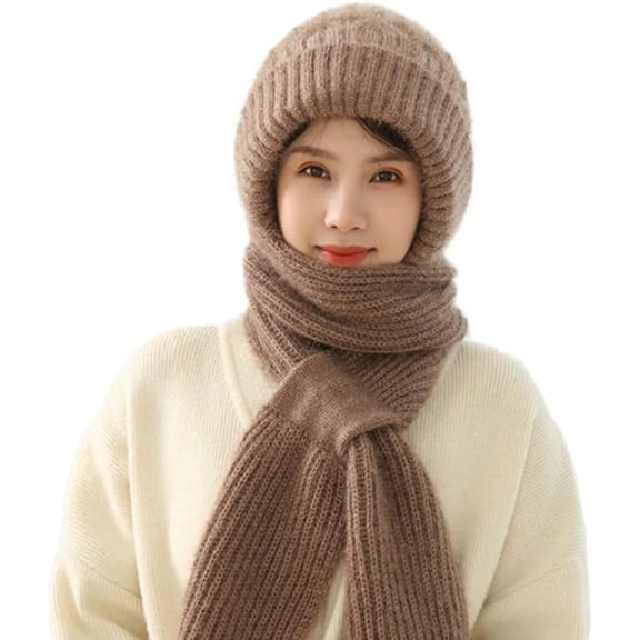CoCoMangos Women Winter Beanie Hats Scarf One-Piece Fleece Lined Warm Knit Ear Protection Integrated Hooded Scarf Cap