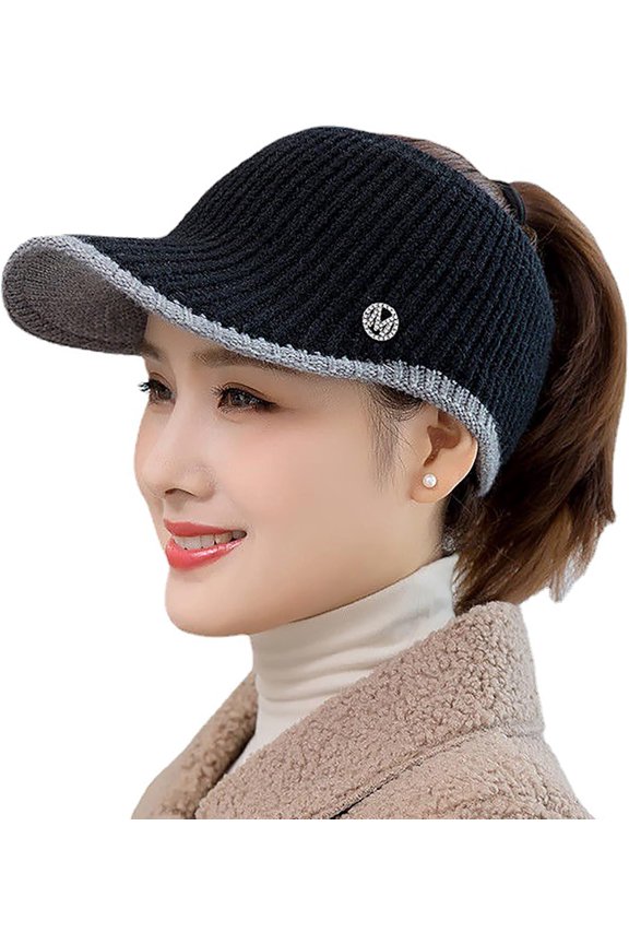 Women's BeanieTail Warm Knit Hat, Winter Warm Knit Messy High Bun Ponytail Hats Visor Beanie Cap (S-M)