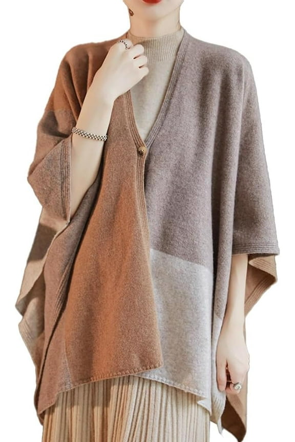 Women's Color Block Shawl Wrap Ruana Oversized Cardigan Sweater Winter Soft Open Front Poncho Cape Buckle Plaid Pashminas