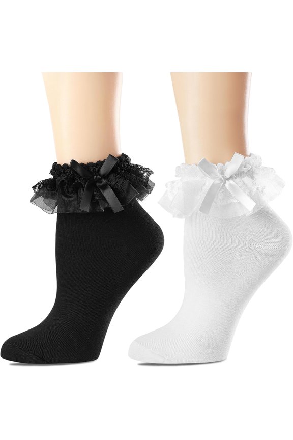 Womens Cute SocksSatin Bow Ruffle Frilly Cotton Elegant Princess Lace Ankle Dress Socks Weding Socks 2 Pack